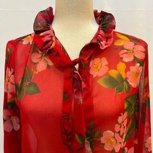 Sheer cherry red floral blouse with tie size 6